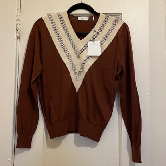 NWT New Sandro V-Neck Colorblock Chevron Mesh Insert Sweater Size S - Picture 6 of 11